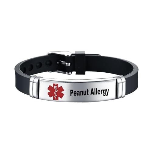 RENYILIN Stainless steel Medical ID bracelet Eco-friendly silicone bracelet adjustable medical alert ID emergency first aid jewelry (Peanut Allergy)