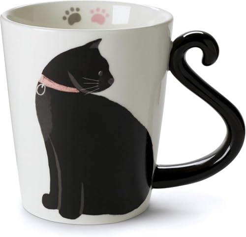 VOTUM White Ceramic Coffee Mug or Tea Mugs: Animal Shaped Coffee Mugs with Hand Printed Designs and Printed Saying - 12 Fluid Ounce Large, Cute Handmade Cup (Cat Coffee Cup Ceramic) Black Cat Gifts