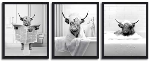 Bathroom Decor Wall Art Framed, Funny Highland Cow Wall Art in Toilet, Black and White Cow In Bathroom Picture, Humor Animals Bathroom Artwork Prints Bathroom Wall Decor Ready To Hang for Bathroom,