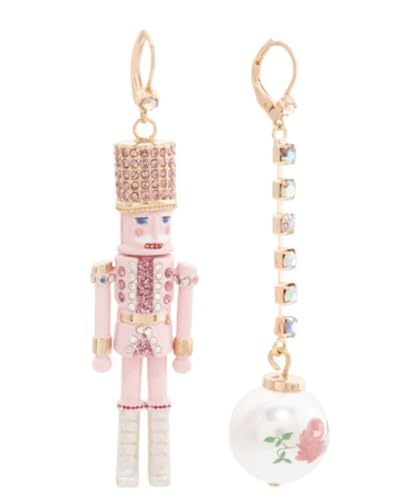 Betsey Johnson Nutcracker Linear Ball Mismatch Pink Earrings Christmas