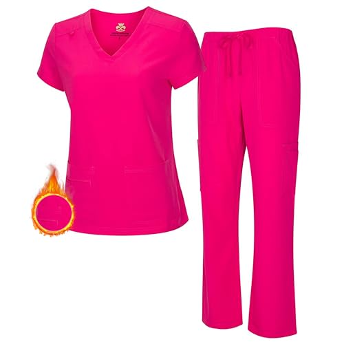 M&M SCRUBS Women's Breathable Cool Stretch Fabric Scrub Top and cargo Pant Set (Hot Pink, Large)