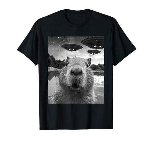 Funny Graphic Capybara Selfie with UFOs Weird T-Shirt