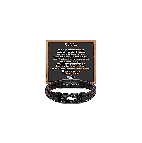 To My Son Bracelet from Mom Mens Bracelet Stocking Stuffers for Teens Birthday Christmas Gifts for Son Leather Braided Bracelets for Men Stainless Steel Clasp Funny Graduation Back to School Gifts