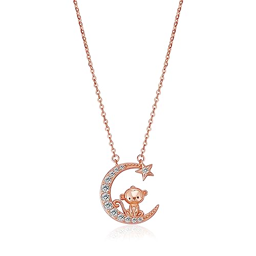 Ornaland Chinese Zodiac Necklace Monkey Necklace 925 Sterling Silver Rose Gold Monkey on The Moon Pendant Charm Necklace Moon and Star Necklace Cute Animal Jewelry Gifts for Women