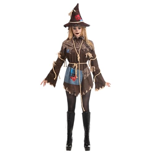 Spooktacular Creations Adult Women Scary Scarecrow Costume with Scarecrow Hat, Collar with Rope and Scarecrow Dress for Halloween Costume (X-Large)