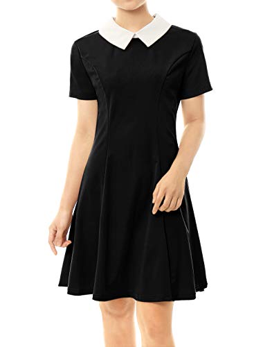 Allegra K Women's Flare Dress Halloween Contrast Peter Pan Collar Short Sleeves Wednesday Addam Dresses Small Black