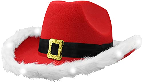 Nicky Bigs Novelties Adult Light Up Santa Claus Christmas Cowboy Hat - Light Up LED Lights Cowgirl Hats - Holiday Western Costume Accessory, Red White, One Size