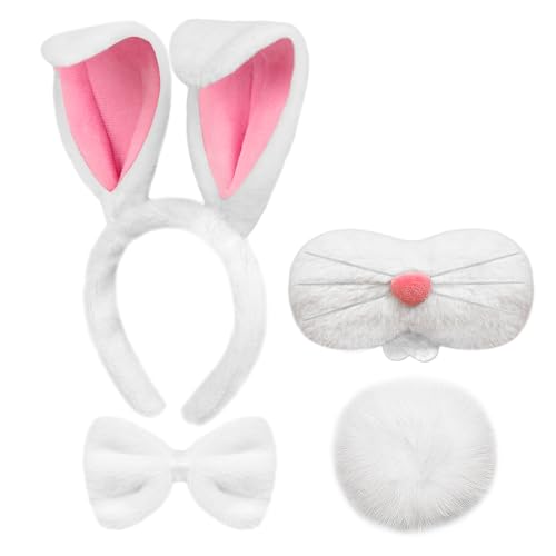 Parma77 Bunny Costume Set, Includes White Plush Bunny Ears Headband, Bowtie, Nose, Bunny Tail for Women Adults and Kids, Bunny Dress up Accessories for Halloween Party Supplies