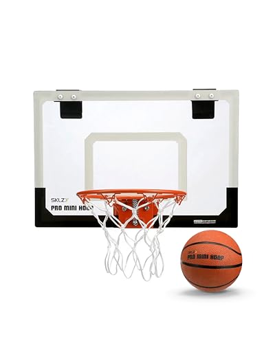 SKLZ Pro Mini Basketball Hoop - 18' x 12' Clear, Shatterproof Backboard, Breakaway Rim, Heavy Duty Net, & 5' Ball - Easy Mount Padded, Slide-On Over-Door Mounts - Suitable for Office, Dorm, Bedroom