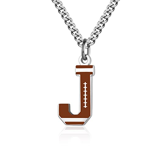 AIAINAGI Football Initial A-Z Letter Necklace for Men Football Charm Pendant Stainless Steel Silver Chain 22inch Personalized Football Gift for Men(J)