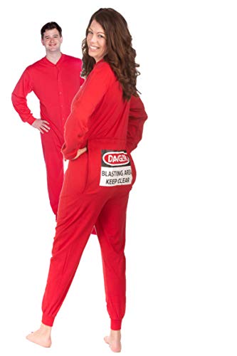 BIG FEET PAJAMA CO. Red Union Suit Men & Women Onesie Pajamas with Funny Butt Flap DANGER BLASTING AREA