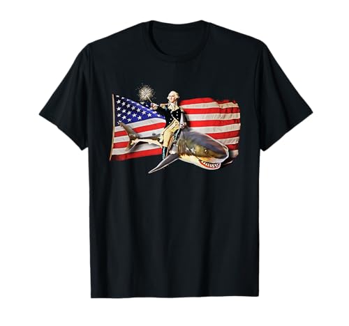 Washington Riding Shark Funny July 4th American Flag T-Shirt