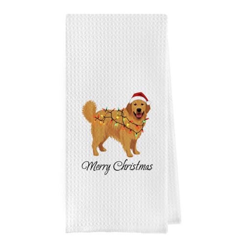 Geqtt Christmas Golden Retriever Gifts - Golden Golden Dog Waffle Weave Decorative Kitchen Towels, Christmas Golden Retriever Dish Towels, Christmas Dog Hand Tea Towels (16×24 Inches)