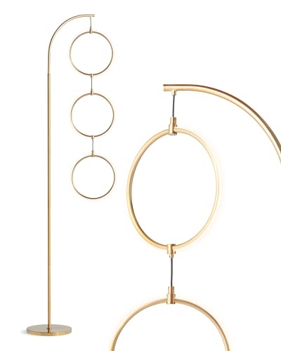 Brightech Nova Modern Floor Lamp - Contemporary Arc Tall Lamp with 3-Circle Ring-Style Pendant - Over the Couch Standing Lamp on Arching Pole - Eclectic Tall Lamp Matches Living Room Décor - Gold