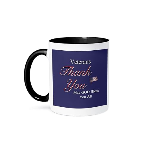 3dRose mug_36111_4 'Thank You Veterans, May God Bless you all. Text art with USA flag in red, white and blue.' Two Tone Black Mug, 11 oz, Multicolor