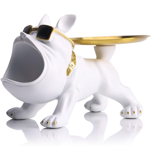 XMGZQ Bulldog Tray Statue,Bulldog Candy Dish Key Holder Bowl,Small French Bulldog Storage Bin and Tray,Funny Animal Candy Dish,Bulldog Gifts Accessories for Office Desk Entryway Table Decor (White)