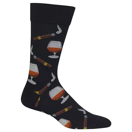 Hot Sox Mens Fun Cocktail Drinks Crew - 1 Pair Pack Cool & Funny Happy Hour Gifts Dress Sock, Cognac And Cigars (Black), 6-12 US