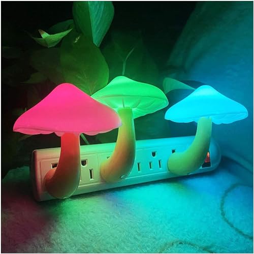 UTLK [3 Pack Plug-in LED Mushroom Night Light Lamp with Dusk to Dawn Sensor,Plug in Bed Cute Nightlight lamp Wall Baby Lights for Kids Children (7-Color)