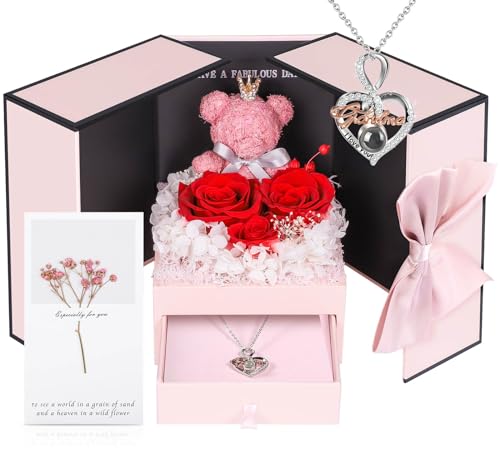 ADDWel Mothers Day Gifts for Grandma, Preserved Real Roses with I Love You Grandma Necklace, Cute Bear and Meaningful Eternal Roses for Grandmother Nana Mothers Day Birthday Christmas and Valentines