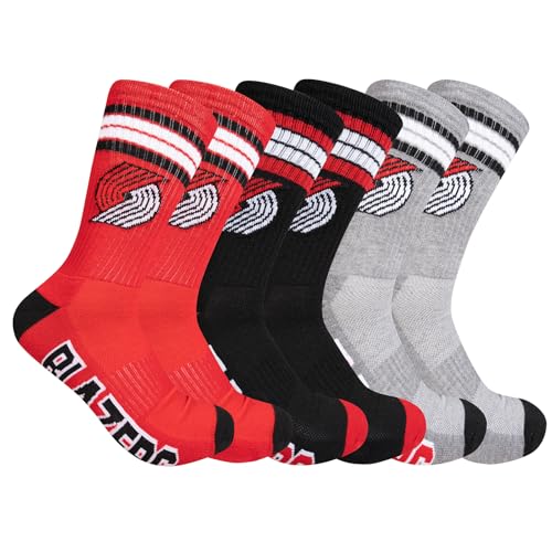 Ultra Game NBA Official Men’s Athletic Cushioned Secure Fit Team Crew Socks - 3 Pack - Unisex, Portland Trail Blazers, Assorted, M6-12