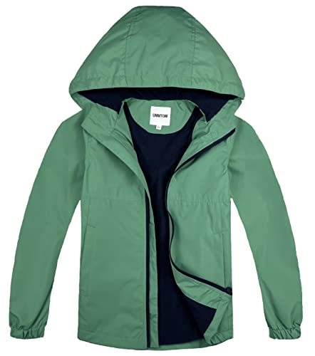 UMMTOM Boys Rain Jackets Lightweight Waterproof Hooded fleece Raincoats Windbreakers for Kids(8-9Y,Green Solid)