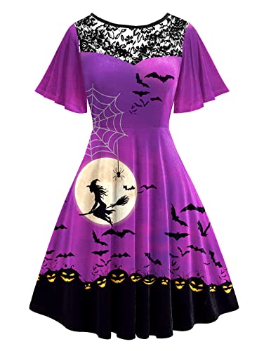 Womens Halloween Flutter Sleeve Dresses Lace Patchwork Vintage Flare Swing A-Line Dress XXL