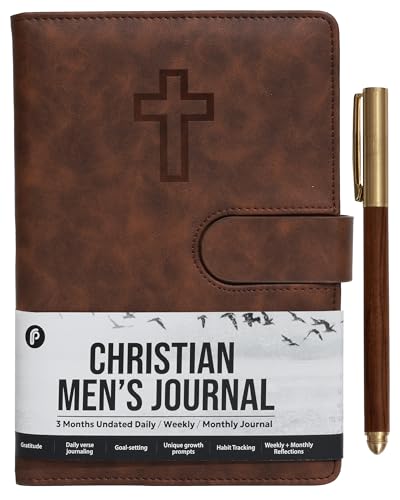 Prazoli Leather Christian Bible Prayer Journal For Men - Study Scripture Notebook & Planner Daily Devotional Undated | Religious Jesus Faith Gifts for Graduation, Pastor Baptism & Church, Cross