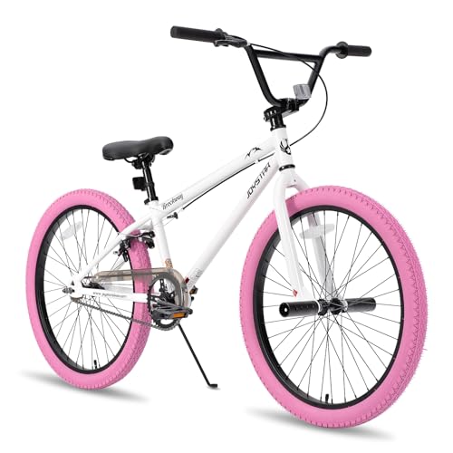 JOYSTAR 24 Inch Kids Bike Freestyle BMX Bikes for 8-12 Years Boys Girls and Beginner Riders, 24 Inch Bikes with Pink Tires, White Frame