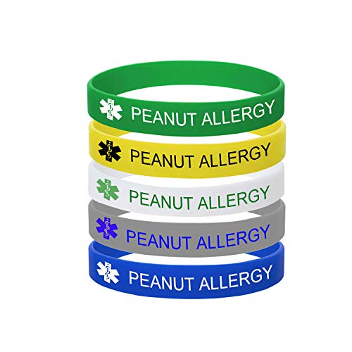 5 Pack-Peanut Allergy Bracelet Medical Alert ID Jewelry Food Allergy Bracelet,100% Silicone Rubber Safety ID Outdoor Sport Health Warning Bracelet Band,7.48',Style 3