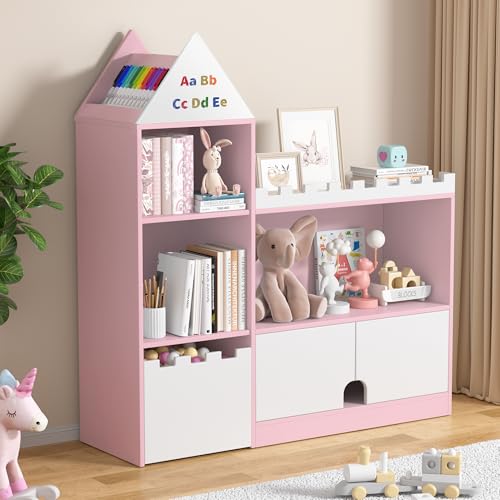 Decofy Toy Storage Organizer, Wood Kids Castle Bookshelf, 6 Cubby Children Bookcase, Montessori Book Shelf for Nursery, Playroom, Living Room [Size: 39.4' L* 11.8' W * 39.4' H] Pink