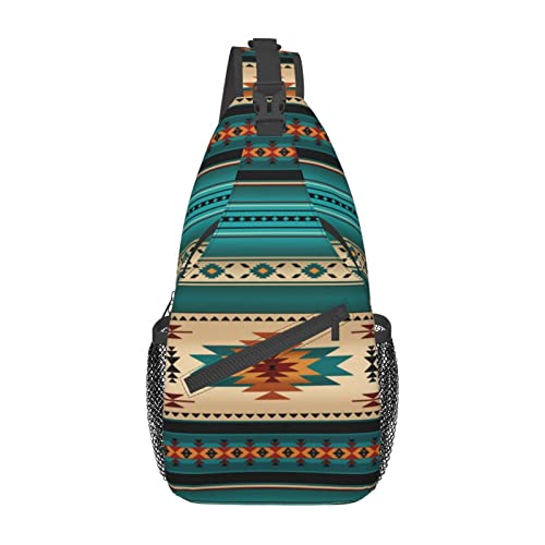 QISENTIS Aztec Ethnic Pattern Design Sling Bag Crossbody Backpack Indiana Western Southwest Native American Turquoise Stripe Travel Hiking Daypack Navajo Print Chest Shoulder Bag