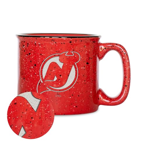 Rico Industries NHL Hockey New Jersey Devils Red Speckle 12oz Laser Engraved Campfire Mug