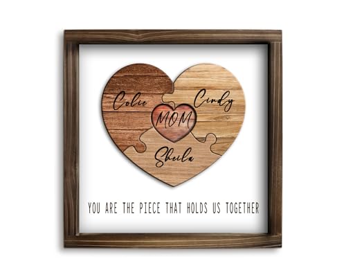 Kas Home MOM, You are The Piece That Holds Us Together - Personalized Mother's Day, Birthday, Anniversary, Thanksgiving Gift, Wooden Framed Name Puzzle Sign Gift from Daughter & Son