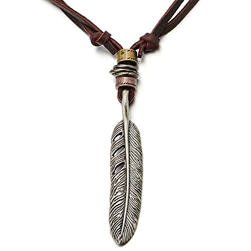 COOLSTEELANDBEYOND Retro Style Feather Pendant Unisex Necklace for Mens Womens with Adjustable Brown Leather Cord