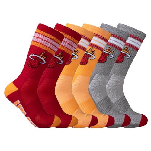 Ultra Game NBA Official Men’s Athletic Cushioned Secure Fit Team Crew Socks - 3 Pack - Unisex, Miami Heat, Assorted, M6-12