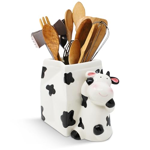 Sixdrop Cow Utensil Holder | Kitchen Crock Storage | Cow Print Stuff Accessories Decoration | Cute Cow Gifts for Women | La Vaca Animal Cow Decor | Countertop Cow Stuff Vase