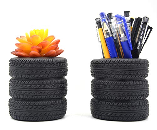 MONMOB Tire Shaped Planter Pencil Holder Pen Holder for Desk Home Office Accessories Organizer Succulent Cactus Planter Pot (Pack of 2)