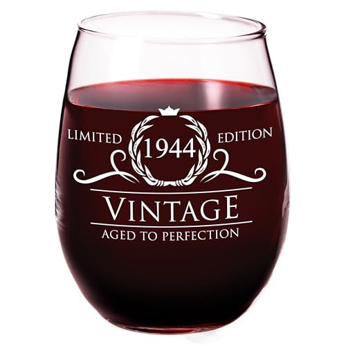 80th Birthday Gifts for Her, 1944 Vintage 15 oz Stemless Wine Glass, Happy 80th Birthday Decorations for Women, Gift Ideas For Mom, Dad, Best Friend, Sister, Daughter, 80 and fabulous Bday Gift