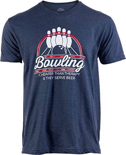 Ann Arbor T-shirt Co. Bowling: Cheaper Than Therapy, & They Serve Beer | Funny Bowler Team Tees for Men - Adult, X-Large, Navy