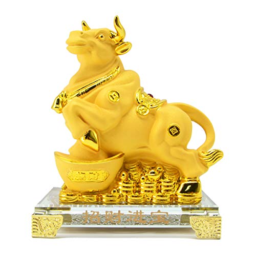 Bwinka Feng Shui Chinese Zodiac OX Year Golden Resin Collectible Figurines Decoration for Luck & Wealth Perfect for Your Home or Office