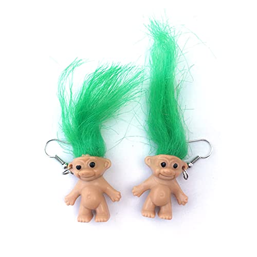 Lovely Troll Doll Dangle Earrings, Cute Ugly Doll Drop Earrings for Women Men Funny Jewelry Gift-green