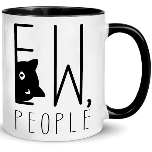 Ew People Funny Introvert Black Cat Coffee Mug – Sarcastic Gag Gift for Introvert Women Men Friend Sister Brother Coworker, Humor Sarcasm Sassy Introvert Gifts for Men Women Cat Lovers Coffee Mug 11OZ