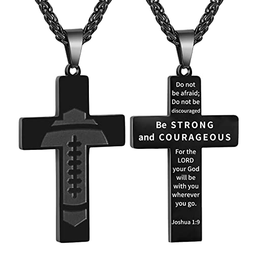 GLITTO Football Cross Necklace for Boys Men Christian Religious Pendant Chain Baptism First Communion Confirmation Gifts Christmas Jewelry Teenage Boys Age Him Football Acceessories Black