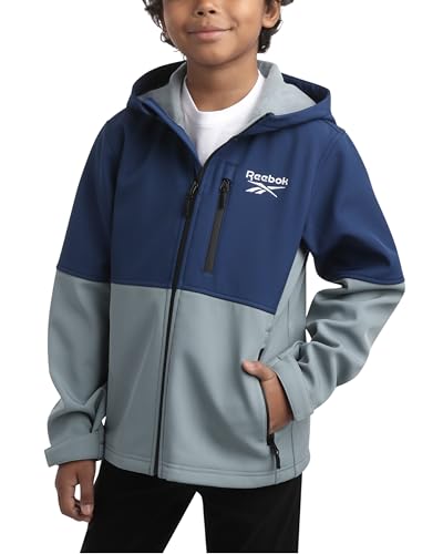 Reebok Boys' Jacket - Lightweight Polar Fleece Lined Softshell Jacket with Hood - Weather Resistant Jacket for Boys (8-20), Size 10-12, Blue Slate