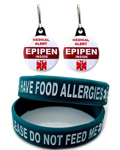 I Have Food Allergies Allergy Bracelet for Kids Teal 2pcs Toddler Size and Medical Alert Epipen Inside Bag Tag 2pcs