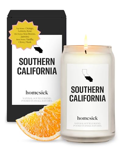 Homesick Scented Candles for Home (Southern California) - 13.75 oz Long-Lasting Soy Wax Jar Candle for Women & Men for All Occasions, 60-80 Hours Burn Time - Notes of Orange, Lemon & Rose