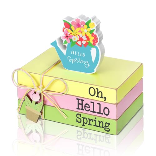 4 Pieces Spring Wood Book Decor Spring Farmhouse Tiered Tray Hello Spring Faux Decorative Book Stacks Wooden Spring Ornament Bundle with Tulip Decor for Home Table Shelf