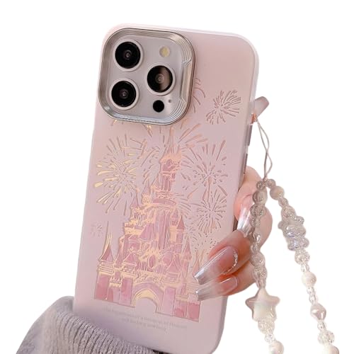 Casechics Compatible with iPhone Case,Cute Laser Glitter Bling Sparkly Castle Wristband Strap Bracelet Chain[Military Drop & Full Body Protection] Shockproof Cover Phone Case (Pink,iPhone 15 Pro Max)