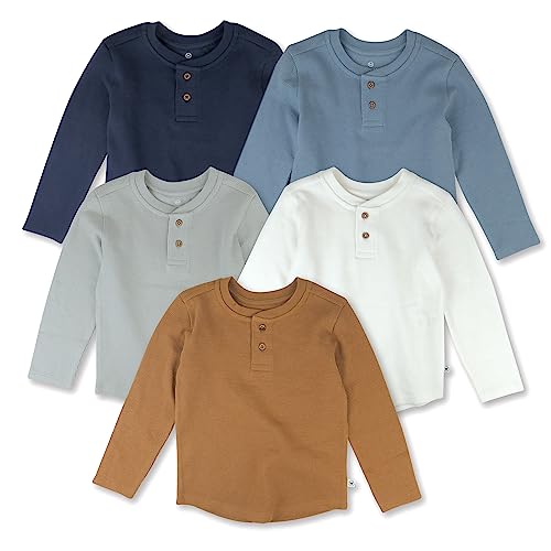 HonestBaby 5-Pack Waffle Henley Long Sleeve Shirts 100% Organic Cotton for Infant Baby and Toddler Boys, Unisex , Varsity Prep, 3T