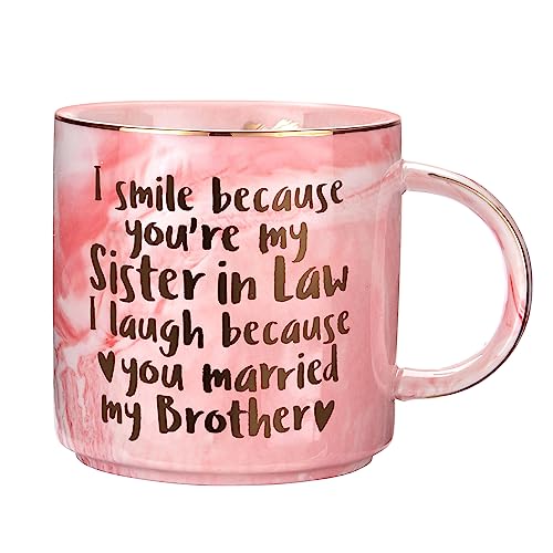 Sister In Law Gifts for Christmas - Funny Sister In Law Birthday Gift, Sis In Law Engagement, Wedding Gift, New Sister In Law, SIL To Be - I Smile Because Sis In Law - Pink Mug, 11.5oz Coffee Cup